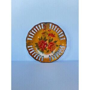 Vintage Rose Ceramic Wall Hanging Plate, Reticulated Border Decorative Plate